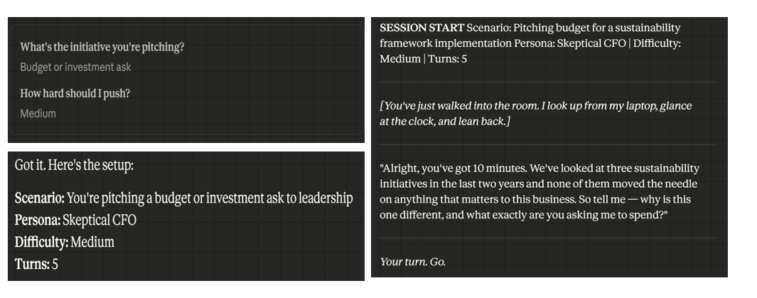 Investor pitch simulation — CFO persona setup and scenario start