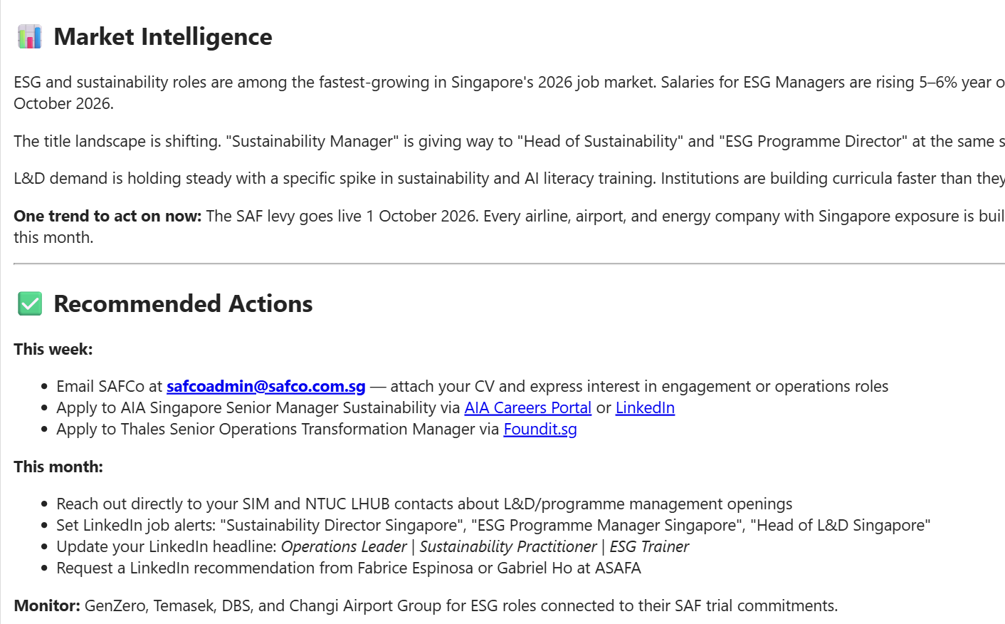 Sample weekly report — market intelligence and recommended actions